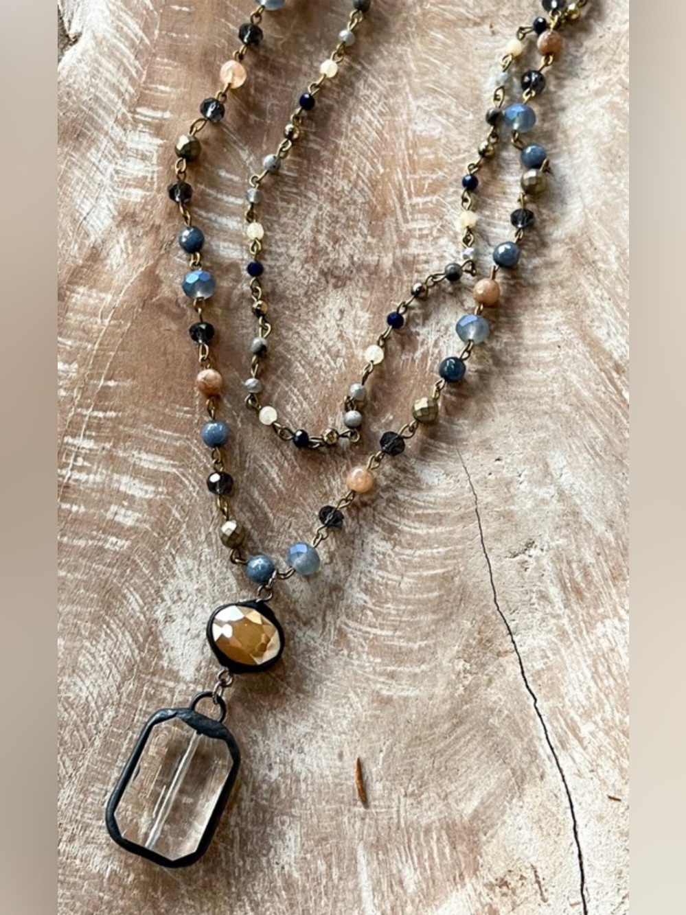 Dylan Jewelry Multi-Strand Blue and Gold Beaded Pendant Necklace